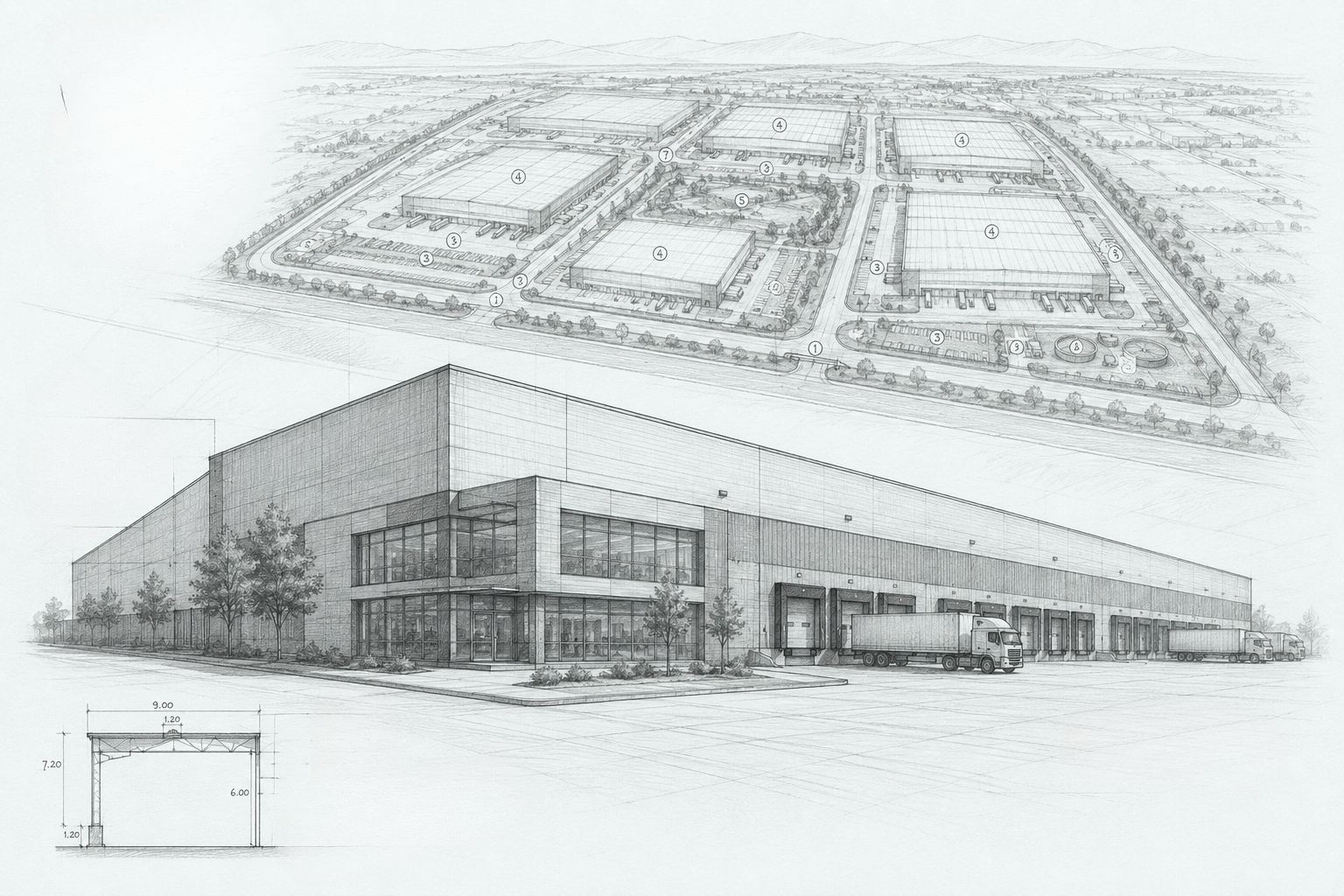 Boceto de proyecto industrial Build to Suit